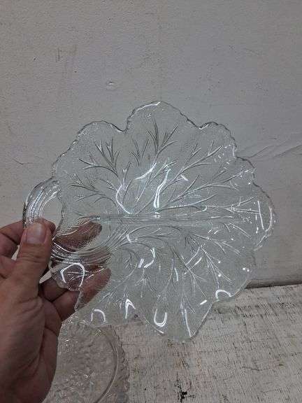 Clear glass cake stand and small tray/plate variety. 1c