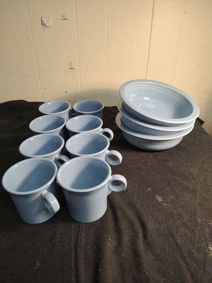 Blue Fiesta 8 cups and 3 serving bowls