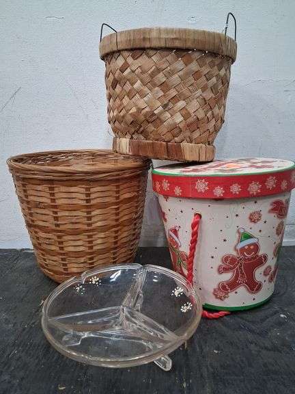 2 small baskets, gingerbread bucket, and glass divided dish. 3b