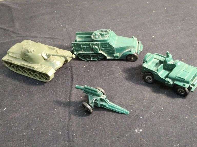 2 Vintage rubber trucks, canon and plastic tank