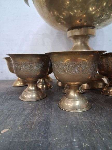 Etched Brass bowl with ladle and 12 cups. 2a