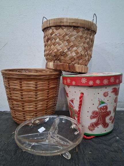 2 small baskets, gingerbread bucket, and glass divided dish. 3b