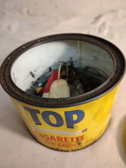 Vintage Cigarette tobacco tin with vintage fishing lures