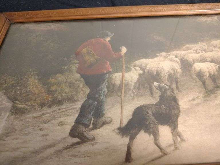 Antique " Shepherd driving his Flock " oil painting Belgian artist Henri Berel 11 x 21 1/2