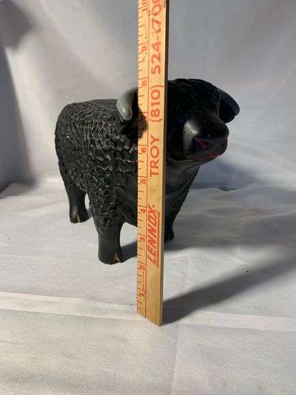 FOLK ART CHALKWARE BLACK ANGUS PAINTED PLASTER BULL BANK PRIMITIVE 1940S