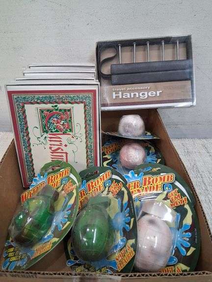 Nib water bomb grenades, christmas cards, button covers, and travel hanger. 3c