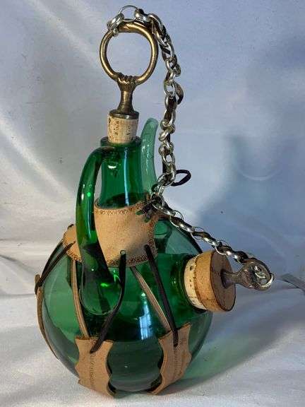 Vintage Green Italian Hand Blown Glass Wine Decanter with Ice Chamber
