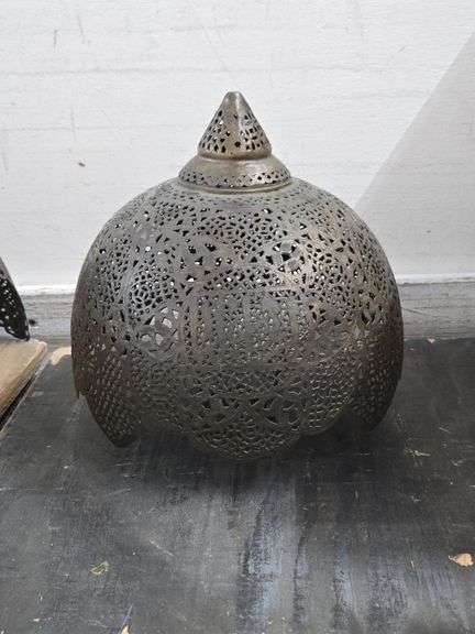 Two Middle Eastern Pierced Brass Lamp Shades. 6E