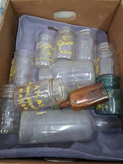 Box lot: Mason jars, vintage bottles, and glassware. 11b