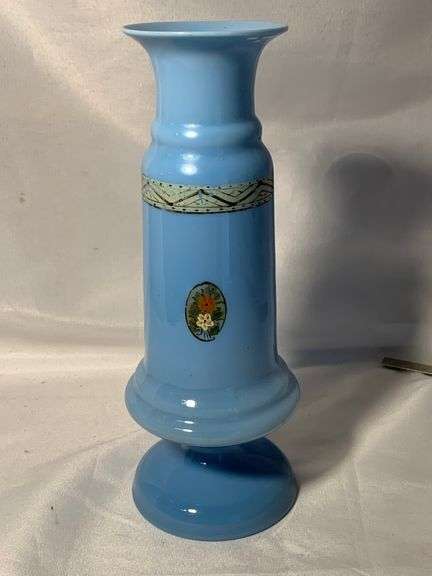 Vintage Bristol Blue Opaline Blown Glass Vase Hand Painted
