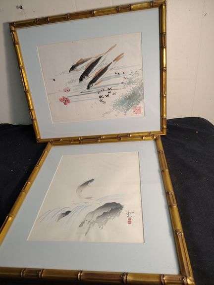 2 Japanese silk paintings of fish 14 1/2 x  15 1/2 & 17 1/2 x 15