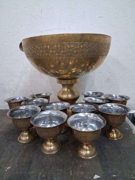 Etched Brass bowl with ladle and 12 cups. 2a