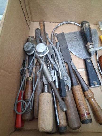 Box lot tools: chisels, saw blades, bits, and more. 2d