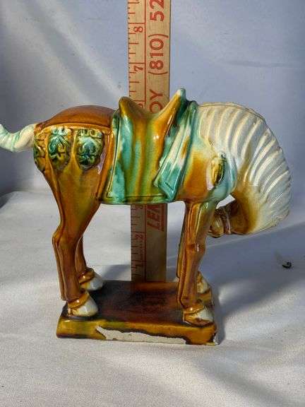 Vintage Chinese Art Pottery 'Tang' Horse Figurine, Sculpture , Green Yellow Streaked Glaze