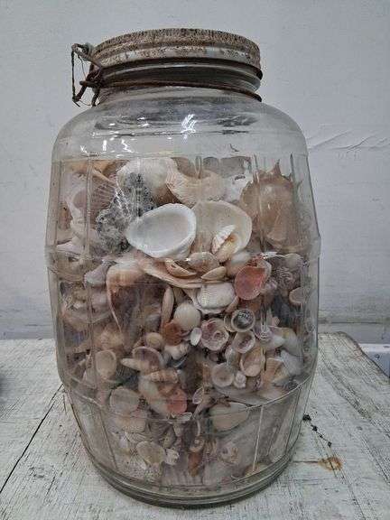 Large glass jar full of shells. 1c