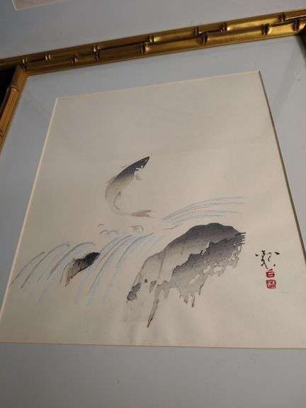 2 Japanese silk paintings of fish 14 1/2 x  15 1/2 & 17 1/2 x 15