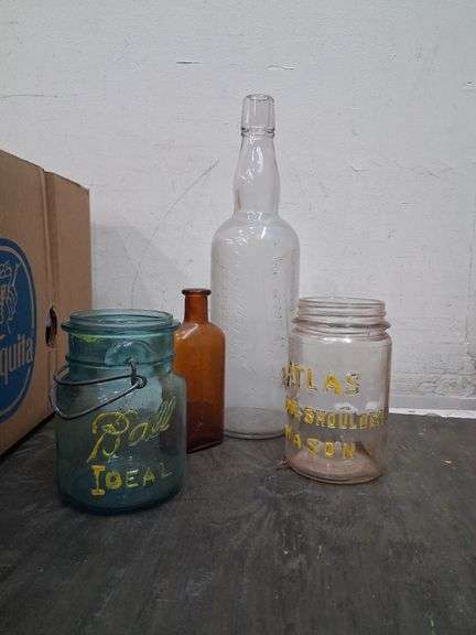 Box lot: Mason jars, vintage bottles, and glassware. 11b