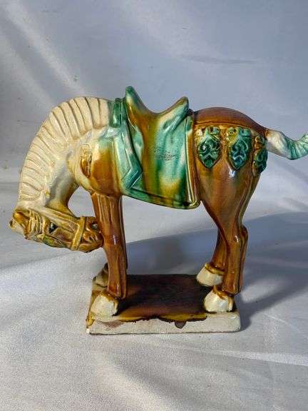 Vintage Chinese Art Pottery 'Tang' Horse Figurine, Sculpture , Green Yellow Streaked Glaze