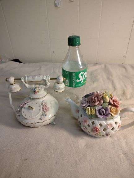 Telephone and teapot music box figurines