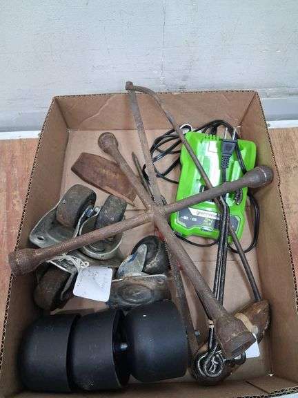 Box lot garage: greenworks 24v charger, tire iron, hand tools, and more. 1d