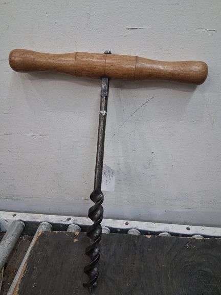 Antique oak handle barn auger, cast iron piece, and wood piece. 3d