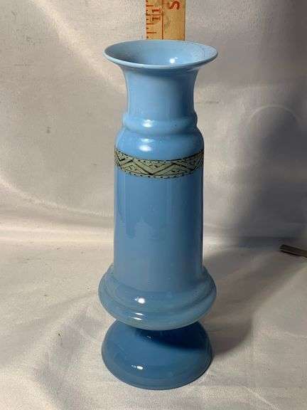 Vintage Bristol Blue Opaline Blown Glass Vase Hand Painted