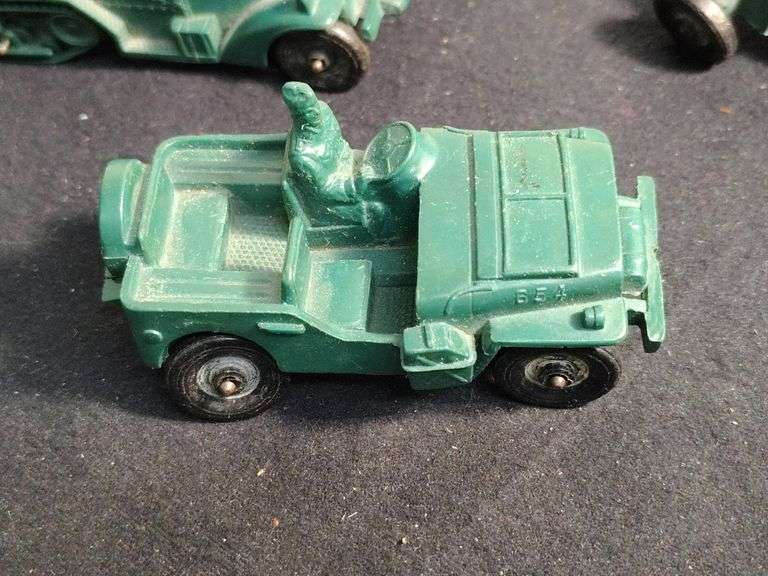 2 Vintage rubber trucks, canon and plastic tank