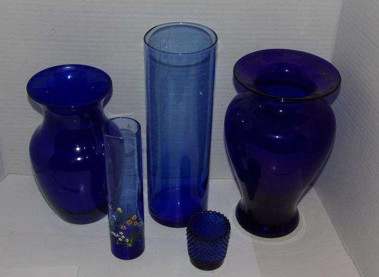 Cobalt Blue Glass Vases and Candle Cup (Hand Painted Vase by Laura of Williamston)