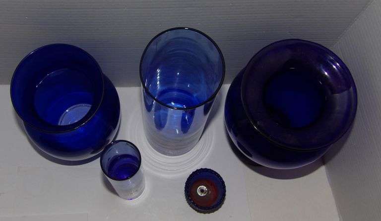 Cobalt Blue Glass Vases and Candle Cup (Hand Painted Vase by Laura of Williamston)