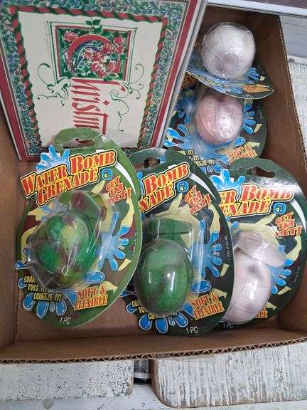 Nib water bomb grenades, christmas cards, button covers, and travel hanger. 3c