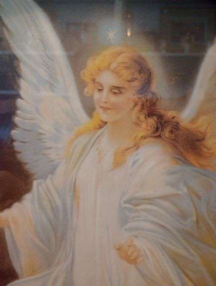Vintage gold oval frame Guardian Angel watching over children 23 1/2"×19"