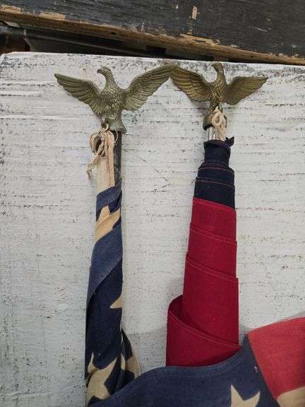 Pair of American Flags on Poles with Eagle Toppers. 21C