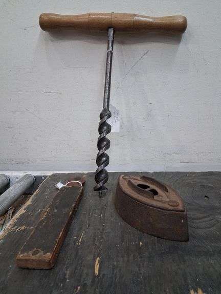 Antique oak handle barn auger, cast iron piece, and wood piece. 3d