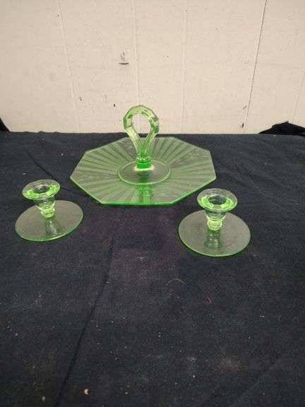 Vaseline tidbit tray and a pair of candle holders