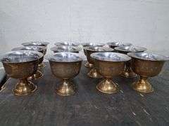 Etched Brass bowl with ladle and 12 cups. 2a