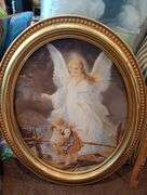 Vintage gold oval frame Guardian Angel watching over children 23 1/2"×19"
