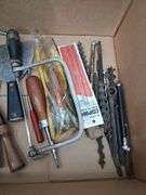 Box lot tools: chisels, saw blades, bits, and more. 2d