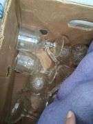 Box lot: Mason jars, vintage bottles, and glassware. 11b