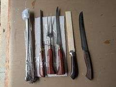 Knife Assortment New Gisu Serrat Knife, 12 new 12 inch skewers, meat fork, sharpener rod