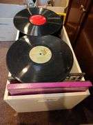 Box of albums variety Queen, Bob Dillon, Folk songs, and more