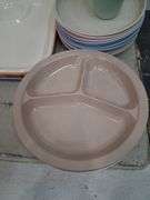 Anchor hocking divided plates, Rubbermaid trays, and wheatstraw plates and cups. 7e