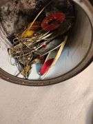Vintage Cigarette tobacco tin with vintage fishing lures