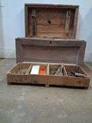 Wooden tool trunk with contents
