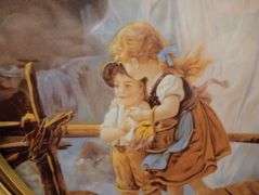 Vintage gold oval frame Guardian Angel watching over children 23 1/2"×19"