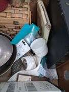 Box lot: small shadow box, basket, vase, metal bowls, and more. 11b