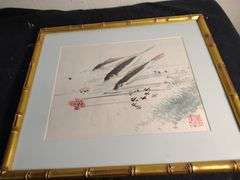 2 Japanese silk paintings of fish 14 1/2 x  15 1/2 & 17 1/2 x 15