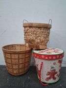 2 small baskets, gingerbread bucket, and glass divided dish. 3b
