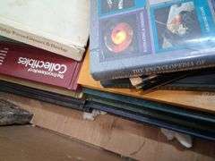 Box lot: books including 1840 chemistry, encyclopedias of collectibles, and more. 11b