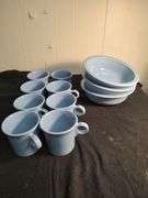 Blue Fiesta 8 cups and 3 serving bowls