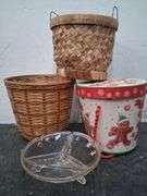2 small baskets, gingerbread bucket, and glass divided dish. 3b